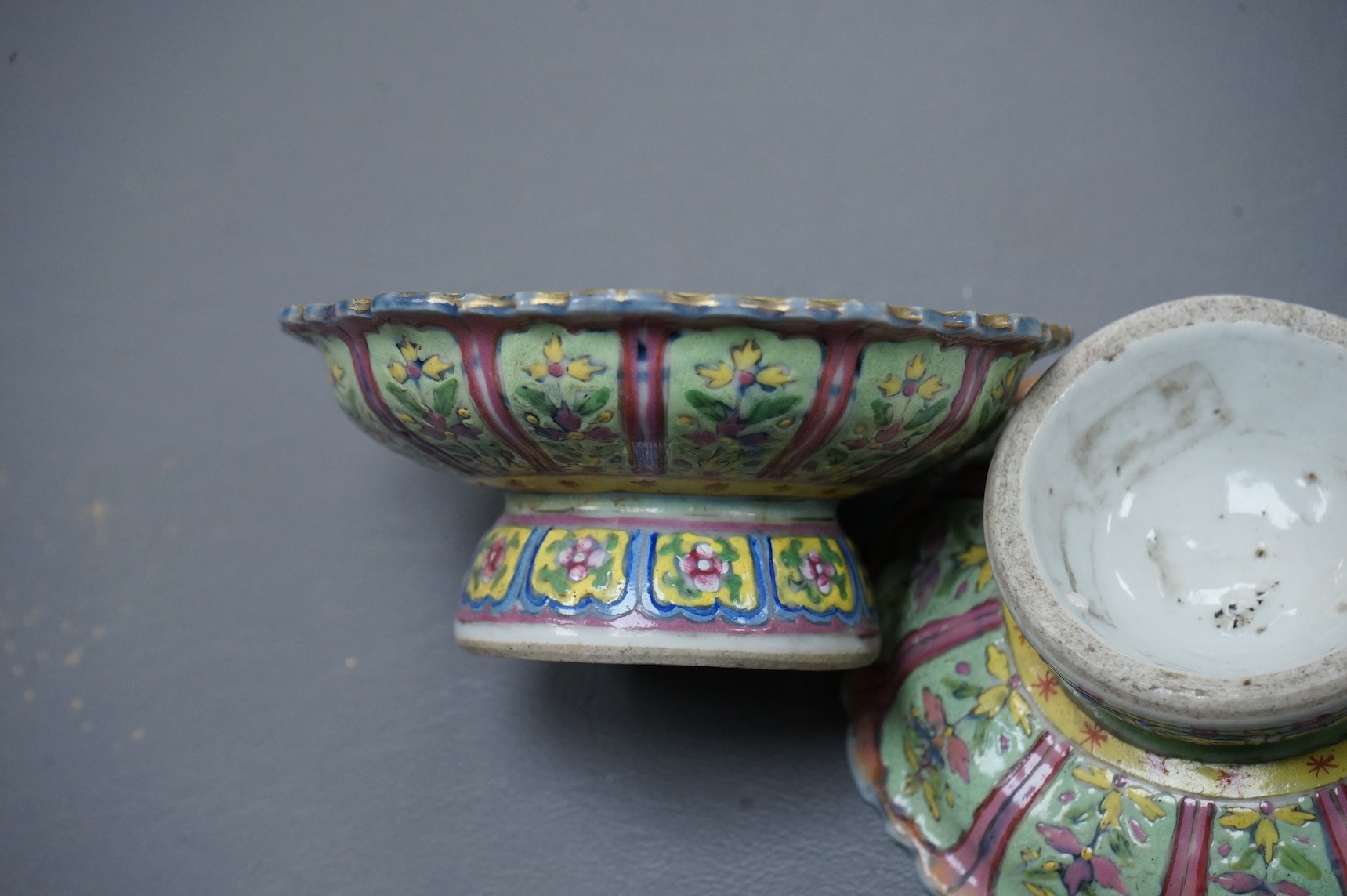 A pair of 19th century Chinese Straits enamelled porcelain stem dishes, top 11cm diameter